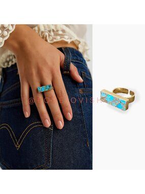 Ring | Turquoise Organic Vein Pattern Rectangle Bar Ring Gold Plated Adjustable